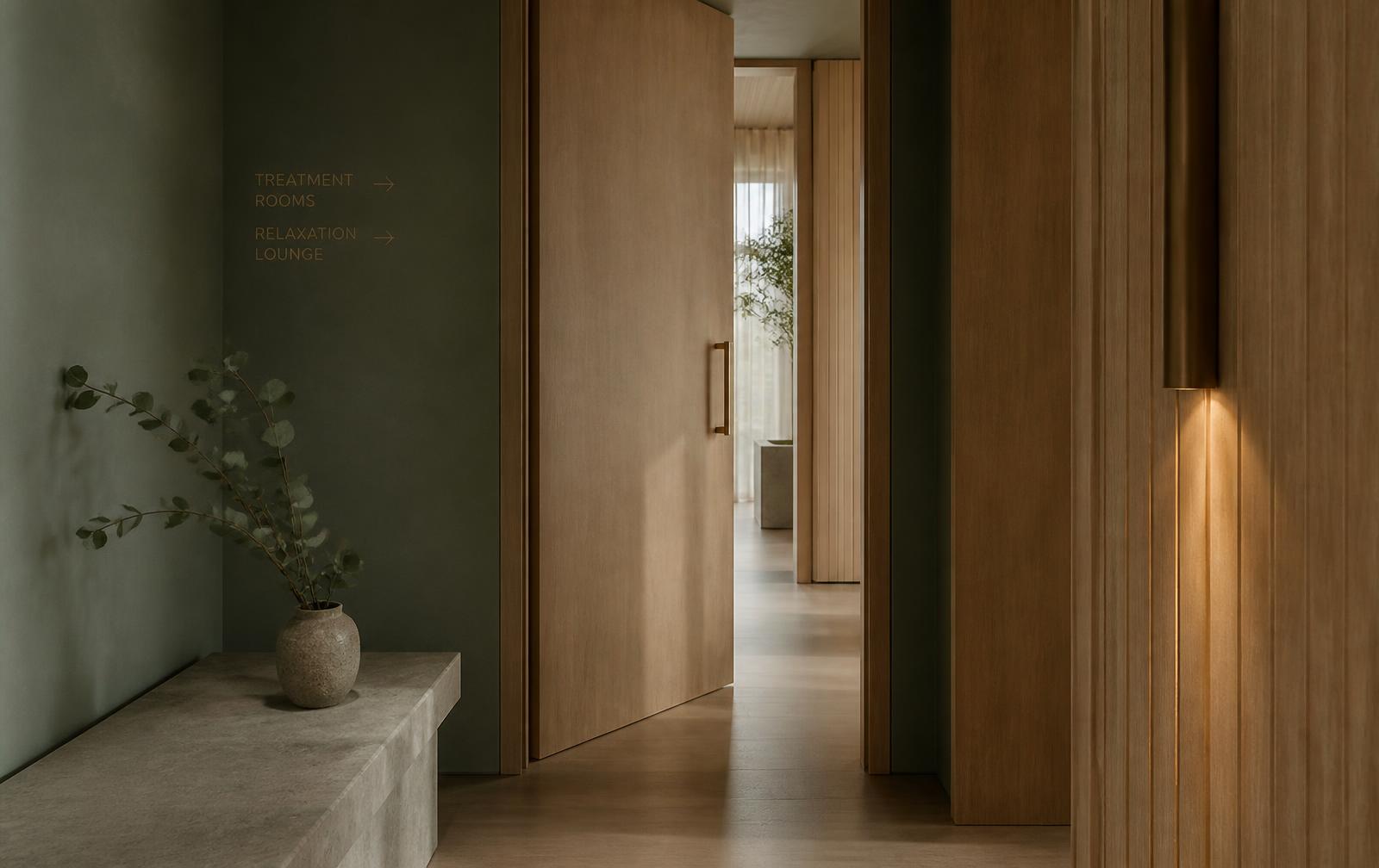 Corridoio di Charme Estetica con porta socchiusa e luce naturale