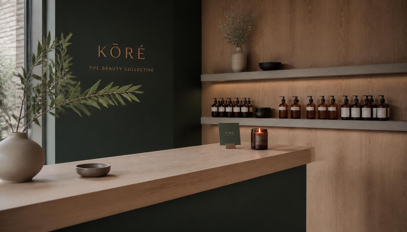 Reception di Charme Estetica con bancone in legno chiaro, fiori secchi e luce calda