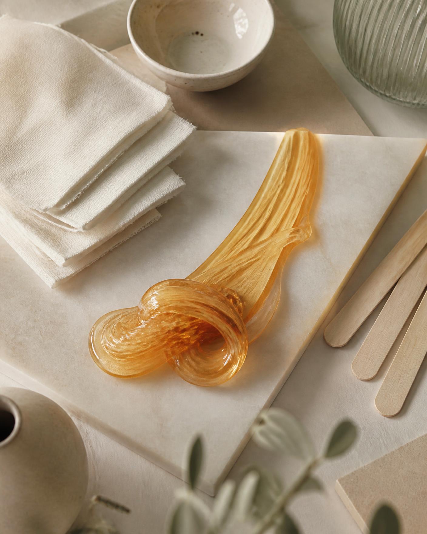 Cera color ambra su lastra di pietra chiara con strisce in cotone e spatole in legno allineate