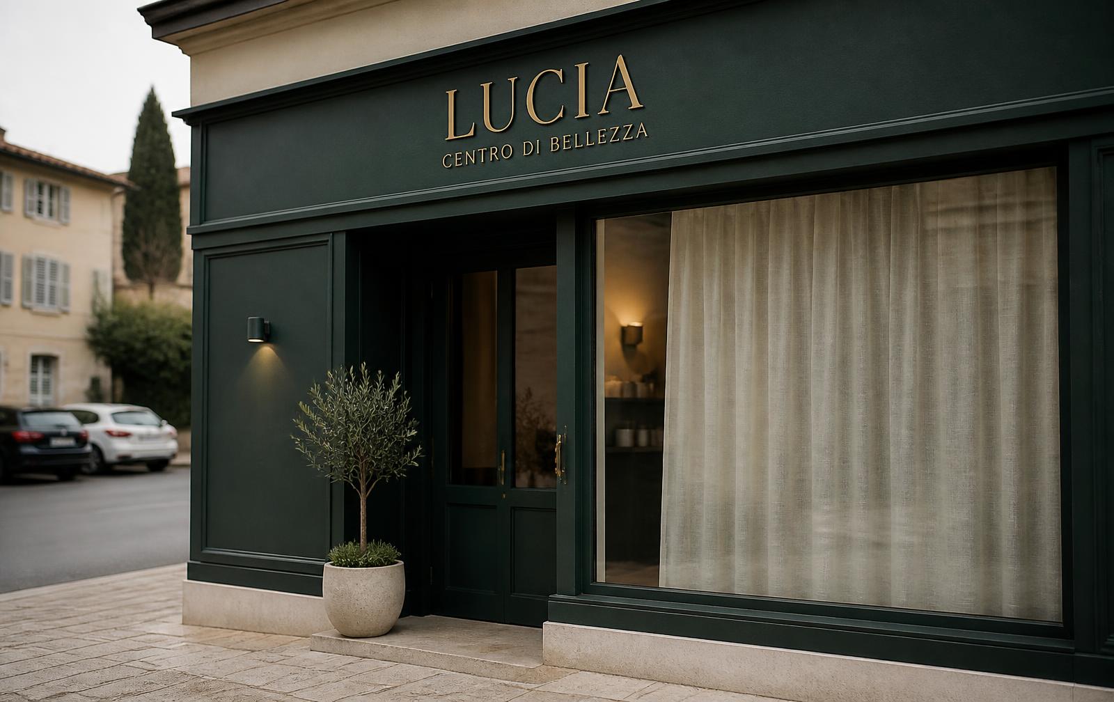 Ingresso di Charme Estetica con insegna in ottone e vetrina illuminata al tramonto