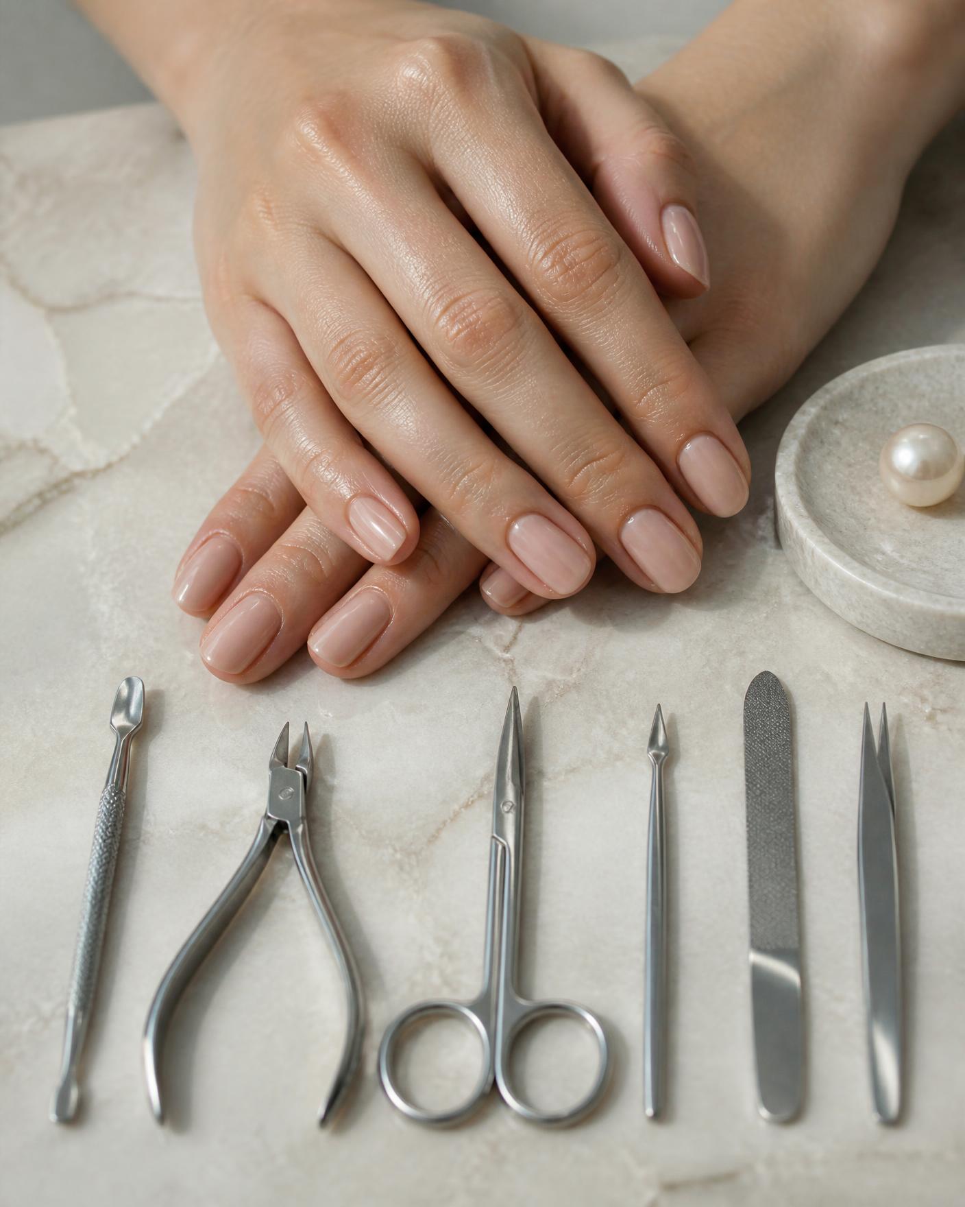 Mani con manicure nude su pietra chiara accanto a strumenti da manicure in acciaio allineati
