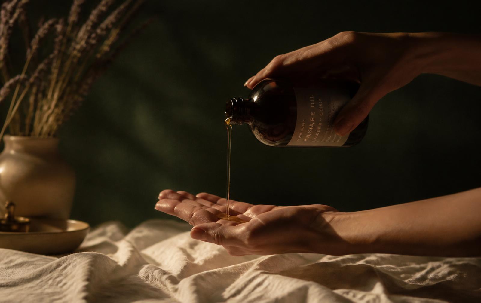 Olio da massaggio versato sul palmo della mano su lenzuolo di lino, cabina massaggi di Charme Estetica