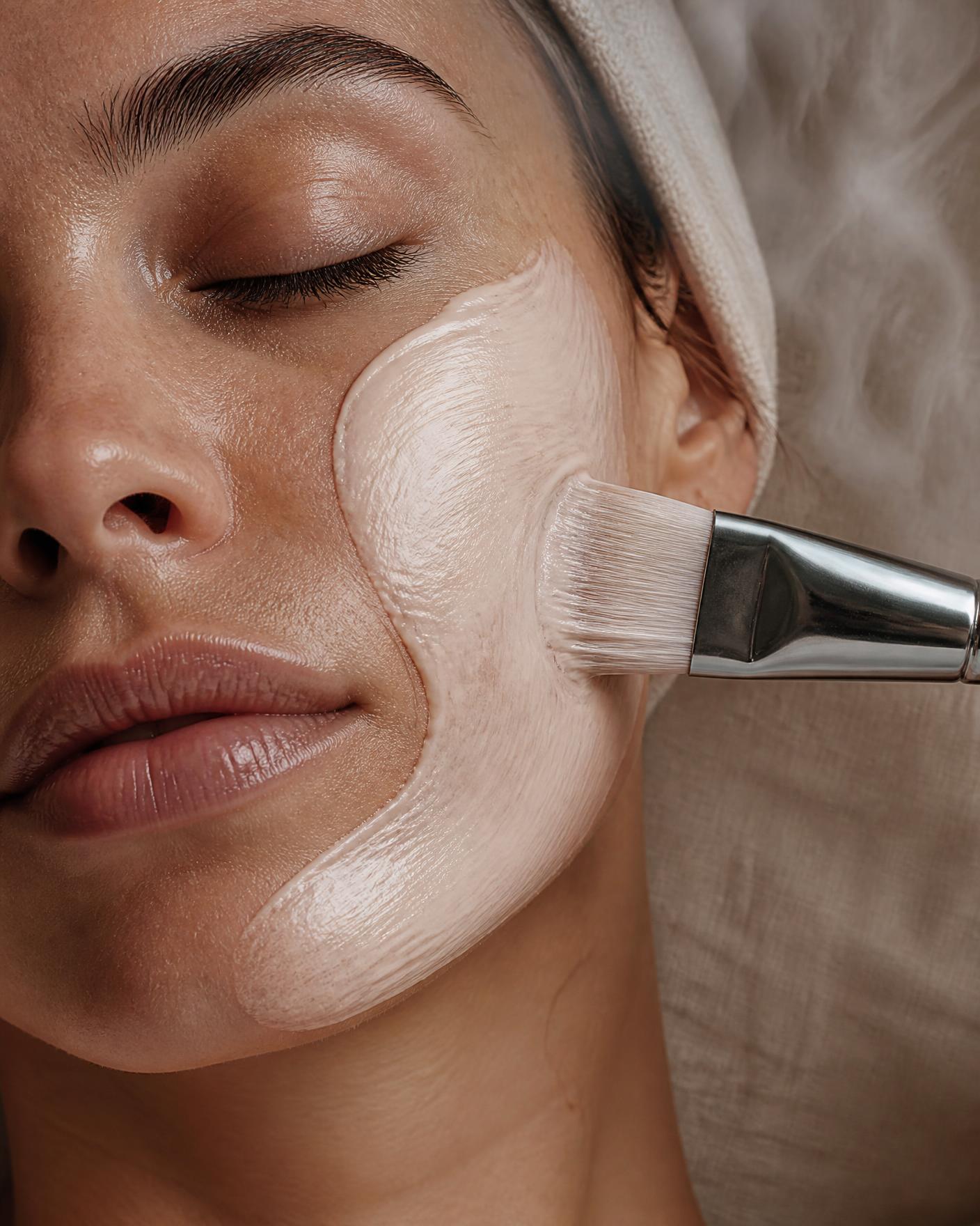 Applicazione di una maschera viso cremosa con pennello piatto durante un rituale viso a Charme Estetica