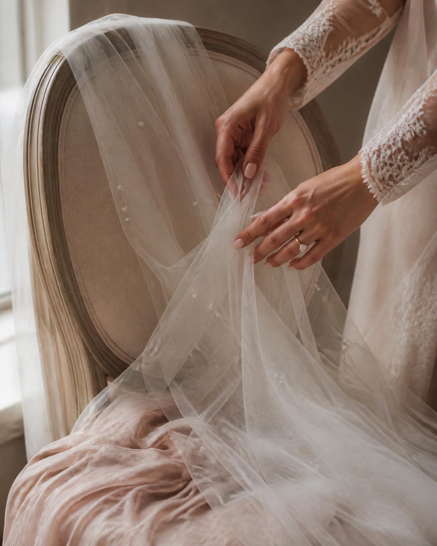 Mani curate che sistemano un velo in tulle su una sedia chiara alla luce della finestra